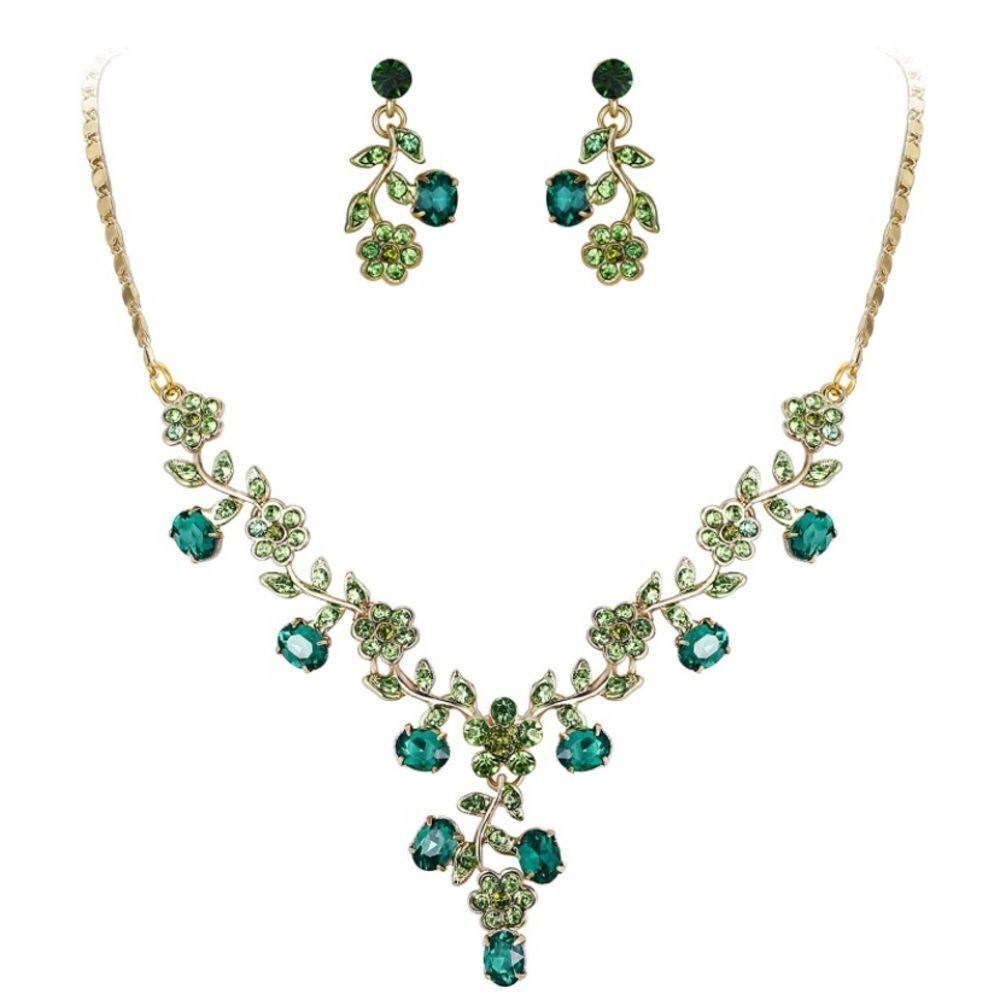 Yellow Gold & Emerald Green Austrian Crystal Flower Leaf Necklace & Earrings Set